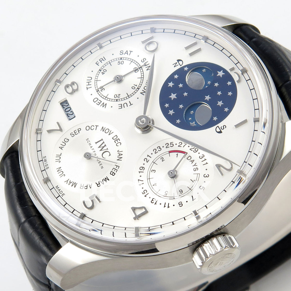 IWC Portugieser Perpetual Calendar White Silver APSF A52610 – tilted right dial