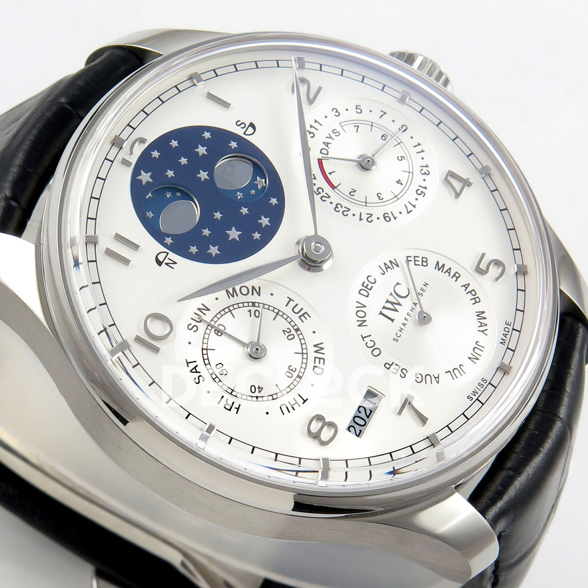IWC Portugieser Perpetual Calendar White Silver APSF A52610 – tilted left dial