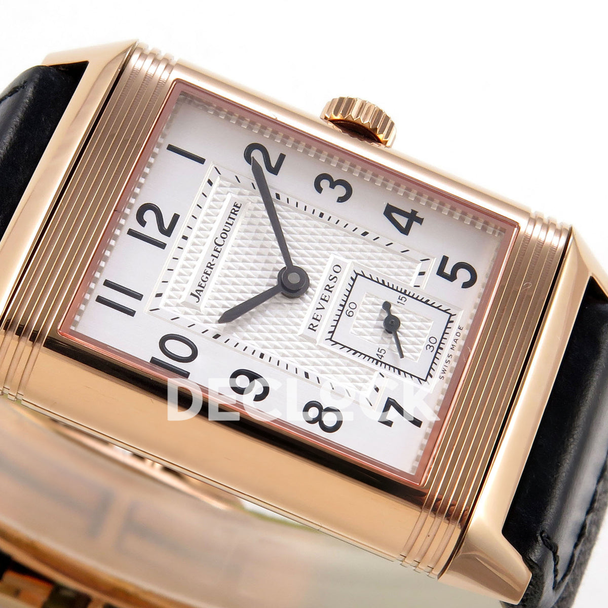 Jaeger-LeCoultre Reverso Classic JJF white Arabic rose-gold replica - opposite horizontal dial view