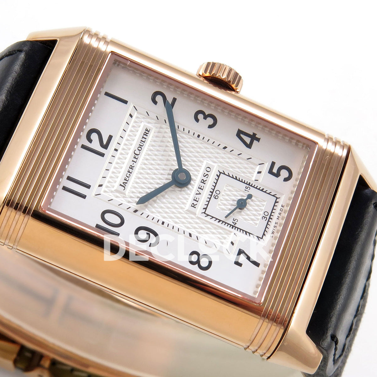 Jaeger-LeCoultre Reverso Classic JJF white blue hands rose-gold replica - opposite horizontal dial view