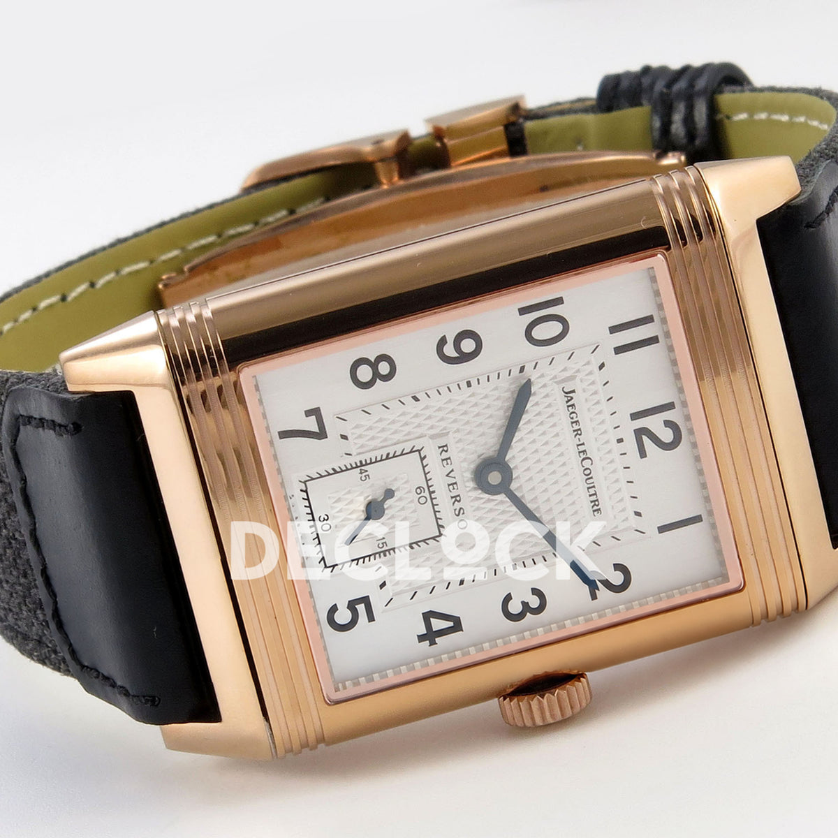 Jaeger-LeCoultre Reverso Classic JJF white blue hands rose-gold replica - angled horizontal view