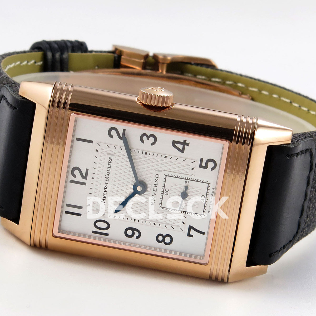 Jaeger-LeCoultre Reverso Classic JJF white blue hands rose-gold replica - opposite angled horizontal view