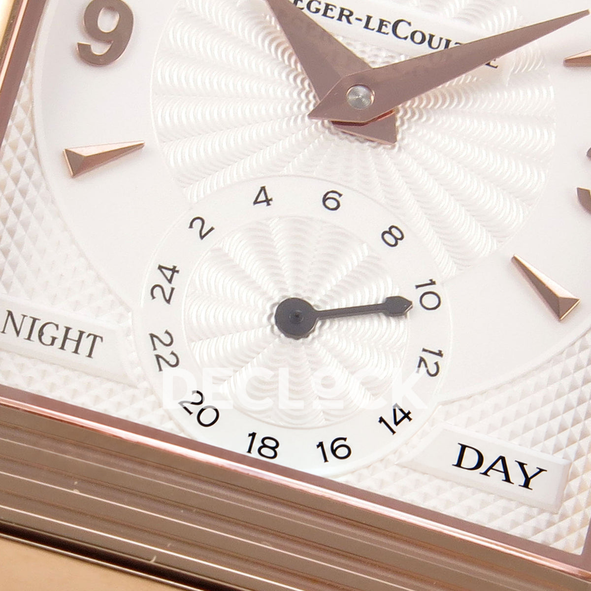 Jaeger-LeCoultre Reverso Classic JJF white blue hands rose-gold replica - reverse day night detail view