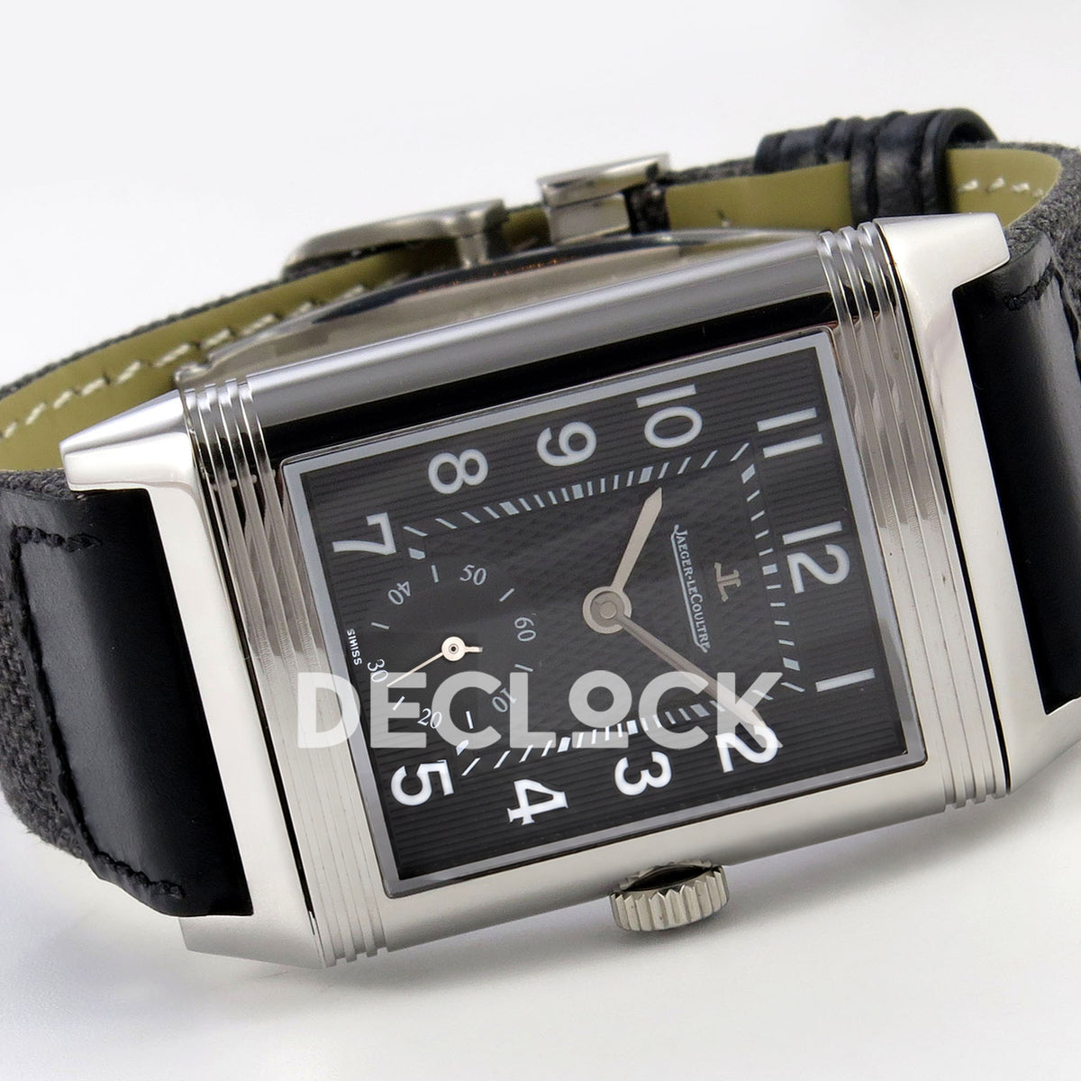 Jaeger-LeCoultre Reverso Duoface JJF black Arabic steel replica - angled horizontal view