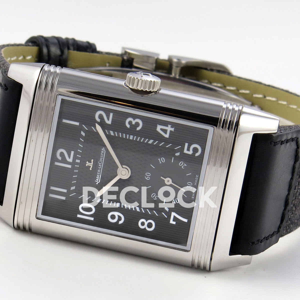 Jaeger-LeCoultre Reverso Duoface JJF black Arabic steel replica - opposite angled horizontal view