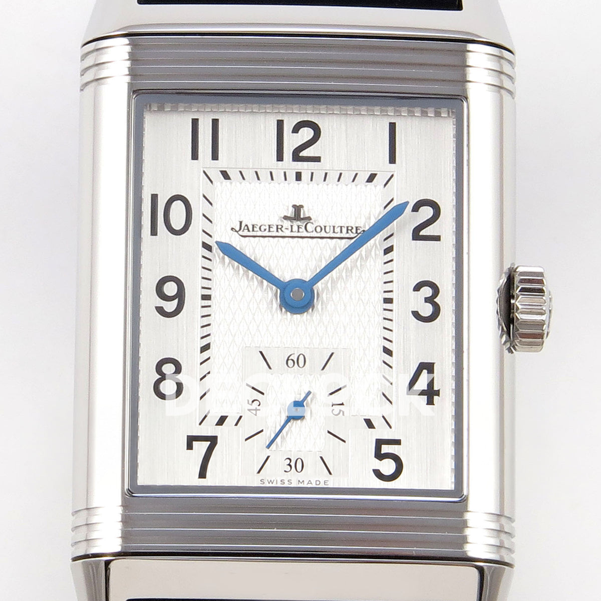 Jaeger-LeCoultre Reverso Duoface JJF white Arabic blue hands steel replica - dial detail view
