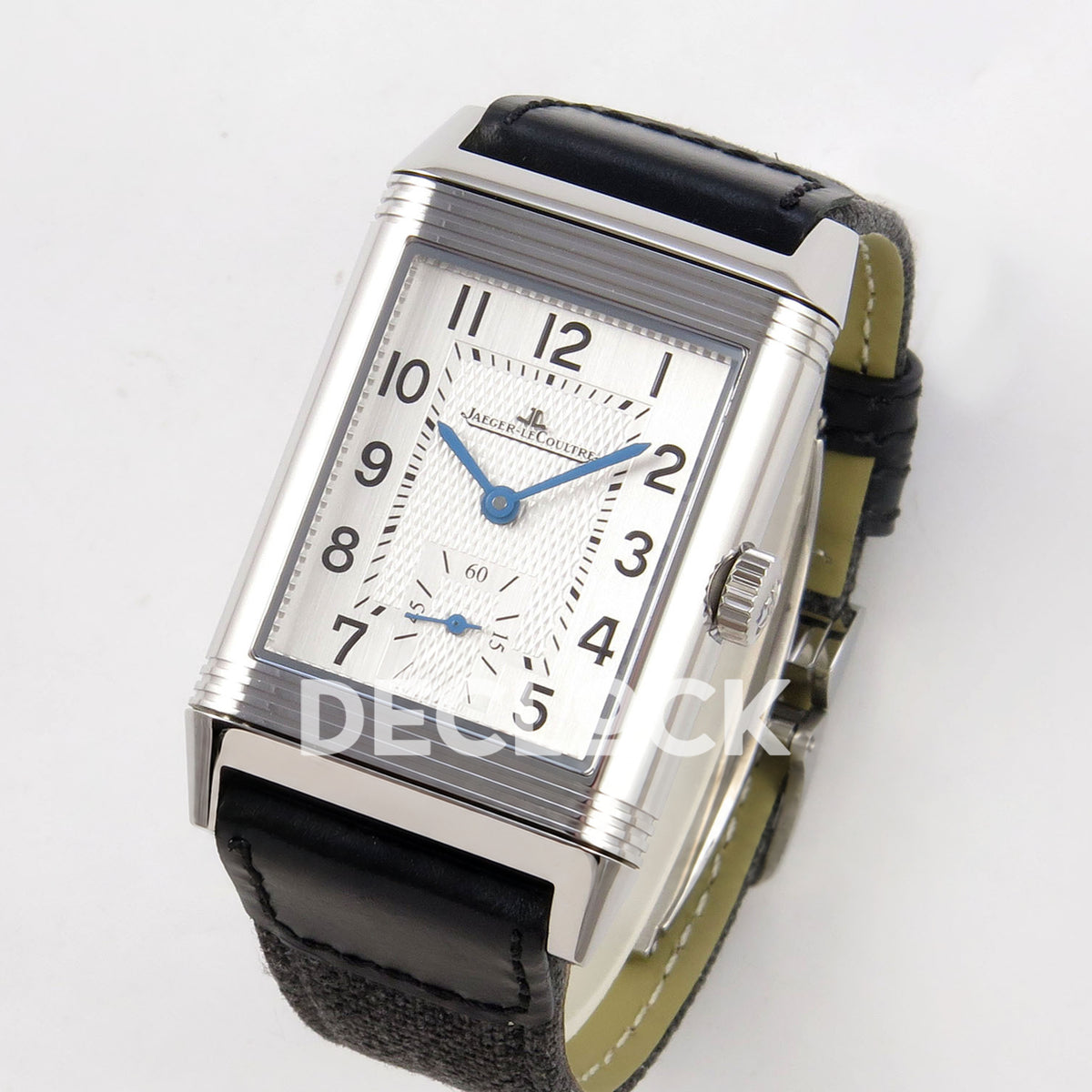 Jaeger-LeCoultre Reverso Duoface JJF white Arabic blue hands steel replica - angled front view