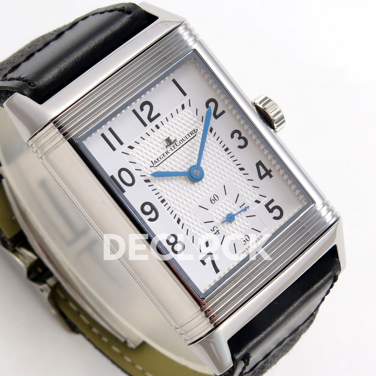 Jaeger-LeCoultre Reverso Duoface JJF white Arabic blue hands steel replica - angled dial view