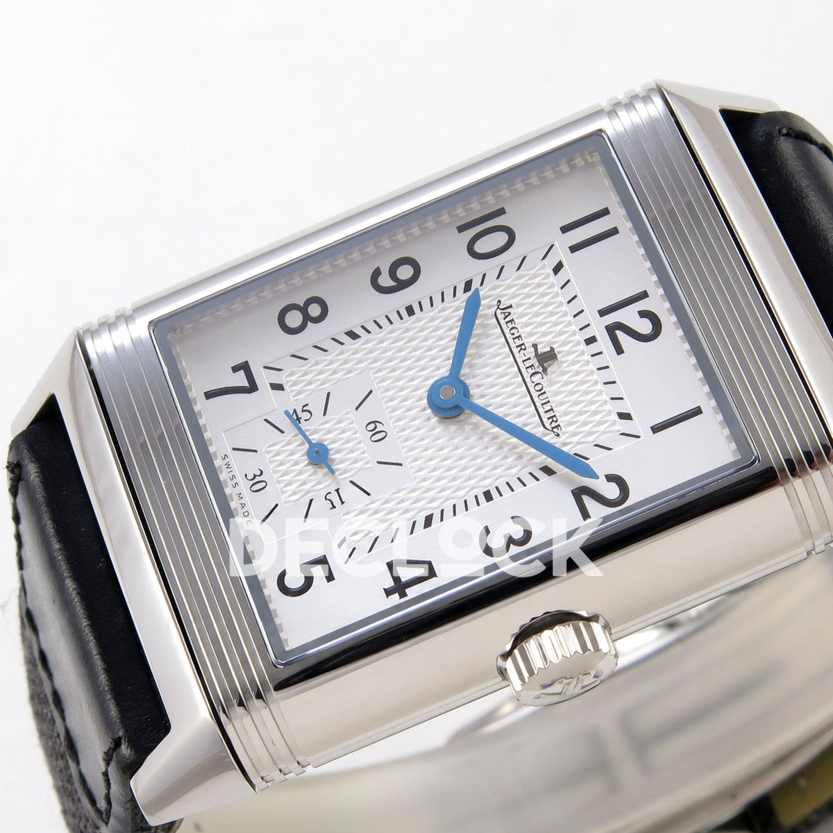 Jaeger-LeCoultre Reverso Duoface JJF white Arabic blue hands steel replica - horizontal dial view