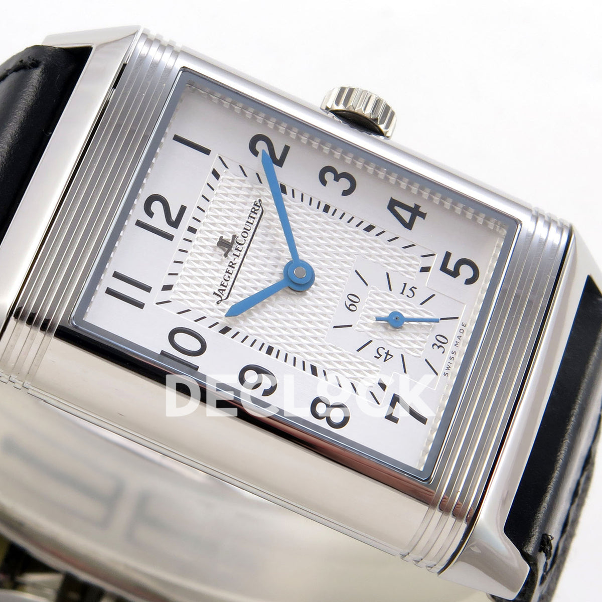 Jaeger-LeCoultre Reverso Duoface JJF white Arabic blue hands steel replica - opposite horizontal dial view