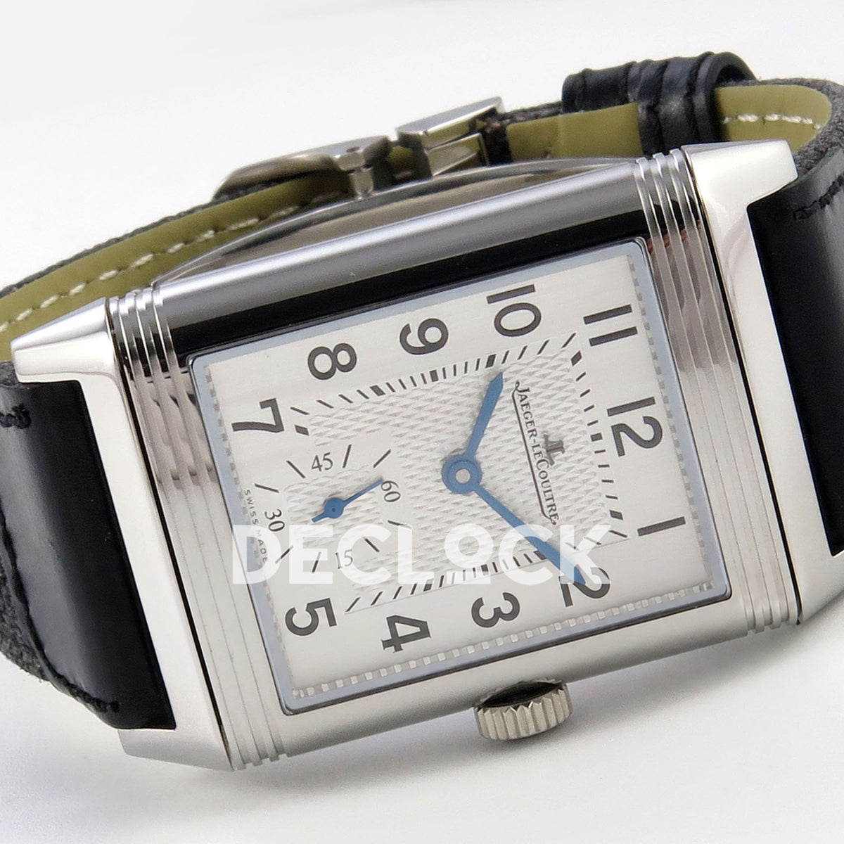 Jaeger-LeCoultre Reverso Duoface JJF white Arabic blue hands steel replica - angled horizontal view