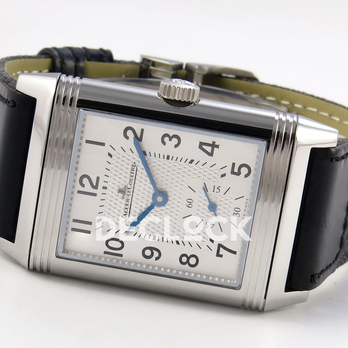 Jaeger-LeCoultre Reverso Duoface JJF white Arabic blue hands steel replica - opposite angled horizontal view