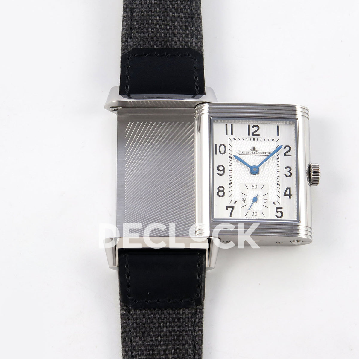 Jaeger-LeCoultre Reverso Duoface JJF white Arabic blue hands steel replica - reversible case view