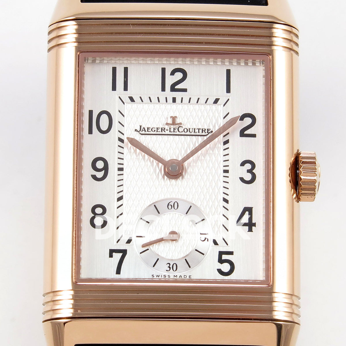 Jaeger-LeCoultre Reverso JJF white Arabic rose-gold hands replica - dial detail view