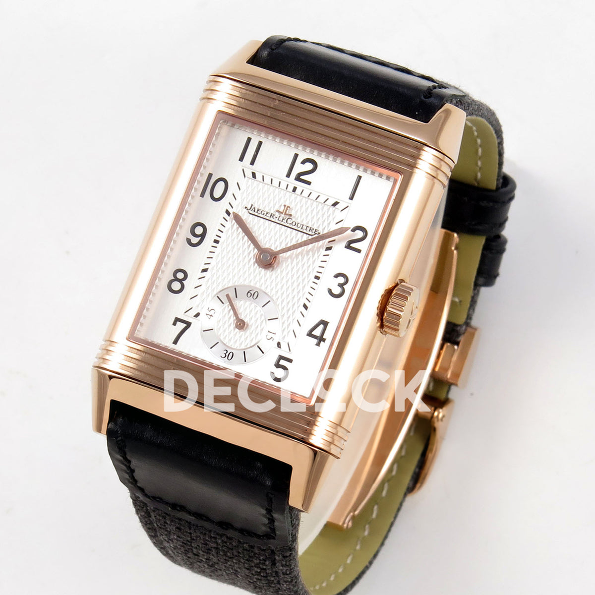 Jaeger-LeCoultre Reverso JJF white Arabic rose-gold hands replica - angled front view