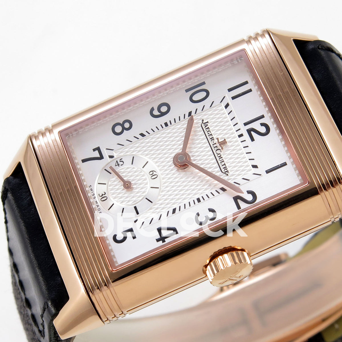 Jaeger-LeCoultre Reverso JJF white Arabic rose-gold hands replica - horizontal dial view