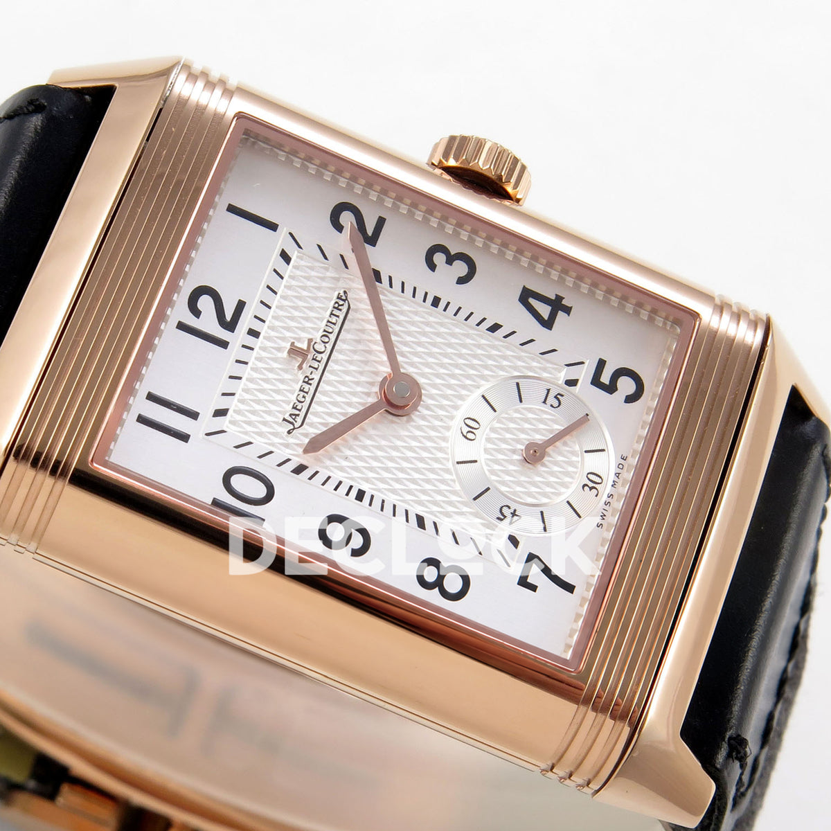 Jaeger-LeCoultre Reverso JJF white Arabic rose-gold hands replica - opposite horizontal dial view