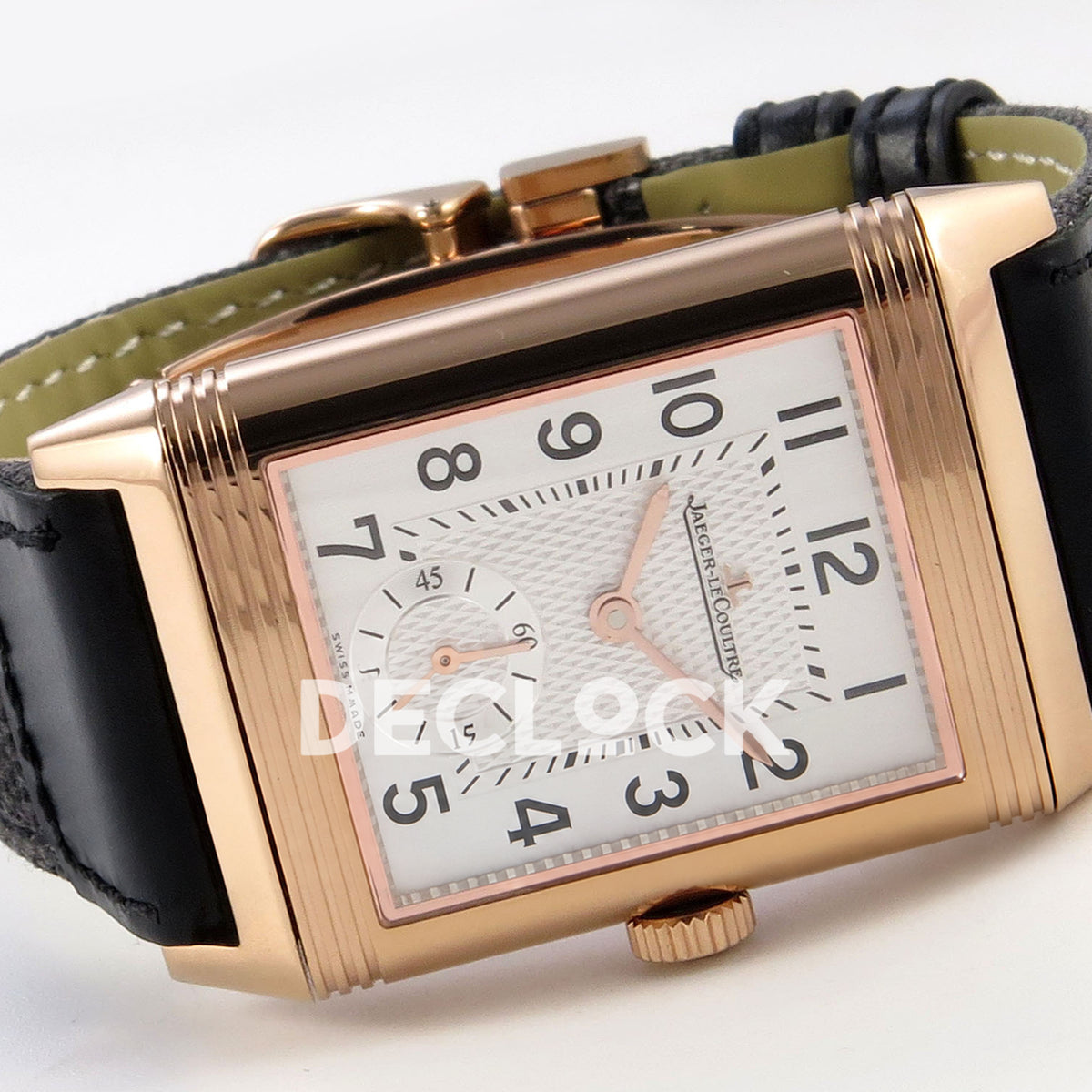 Jaeger-LeCoultre Reverso JJF white Arabic rose-gold hands replica - angled horizontal view