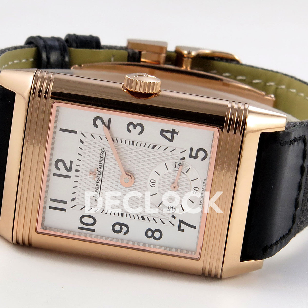 Jaeger-LeCoultre Reverso JJF white Arabic rose-gold hands replica - opposite angled horizontal view