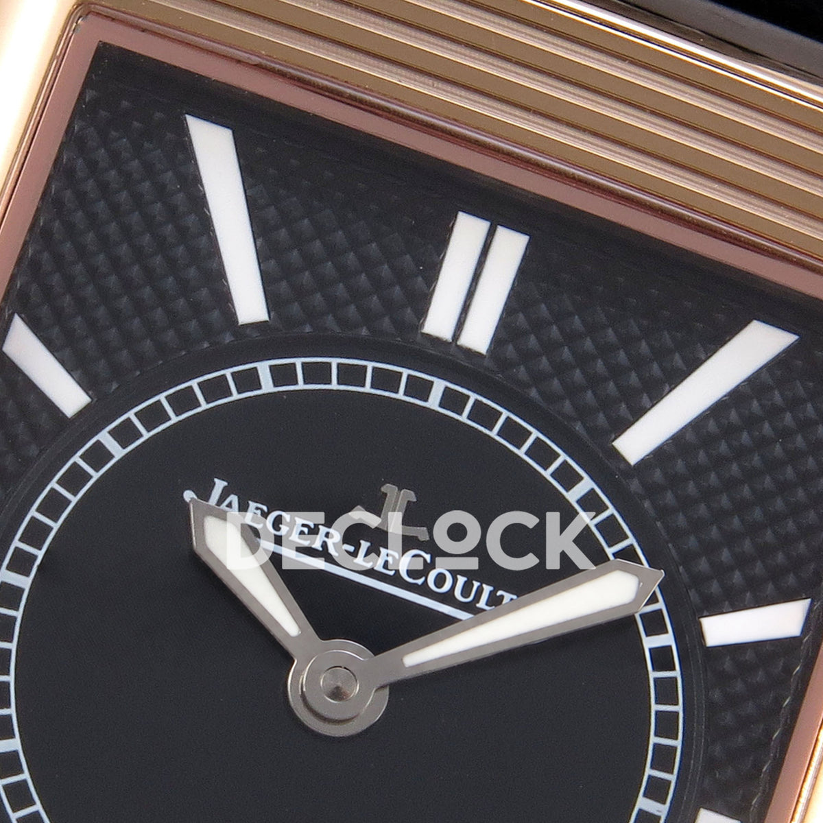 Jaeger-LeCoultre Reverso JJF white Arabic rose-gold hands replica - reverse dial detail view