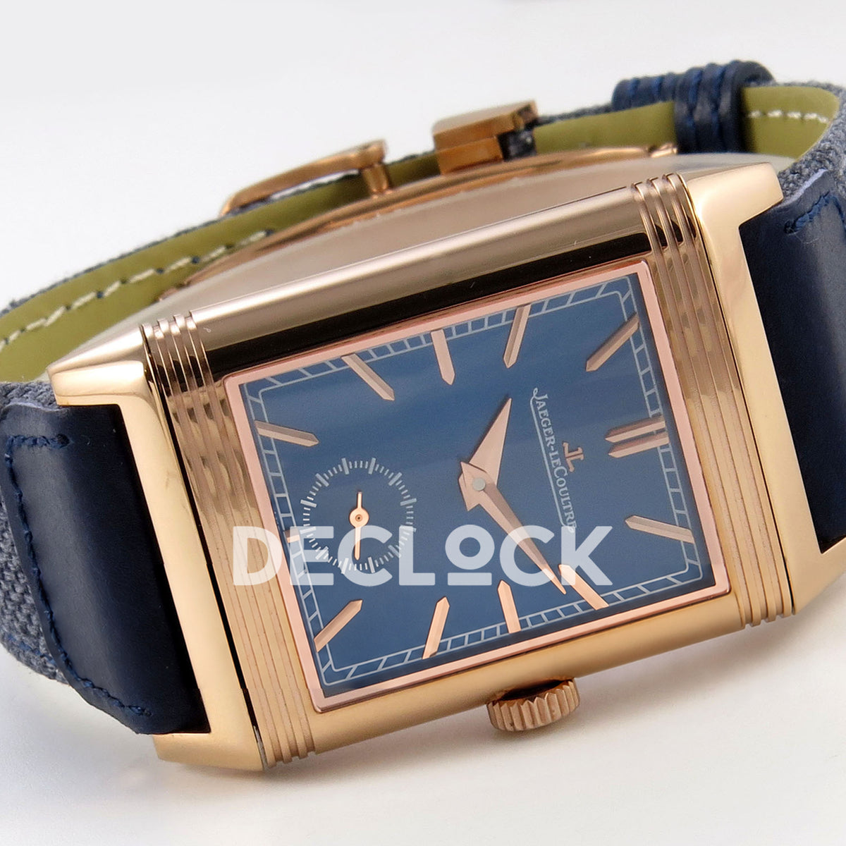 Jaeger-LeCoultre Reverso Tribute JJF blue rose-gold replica - angled horizontal view