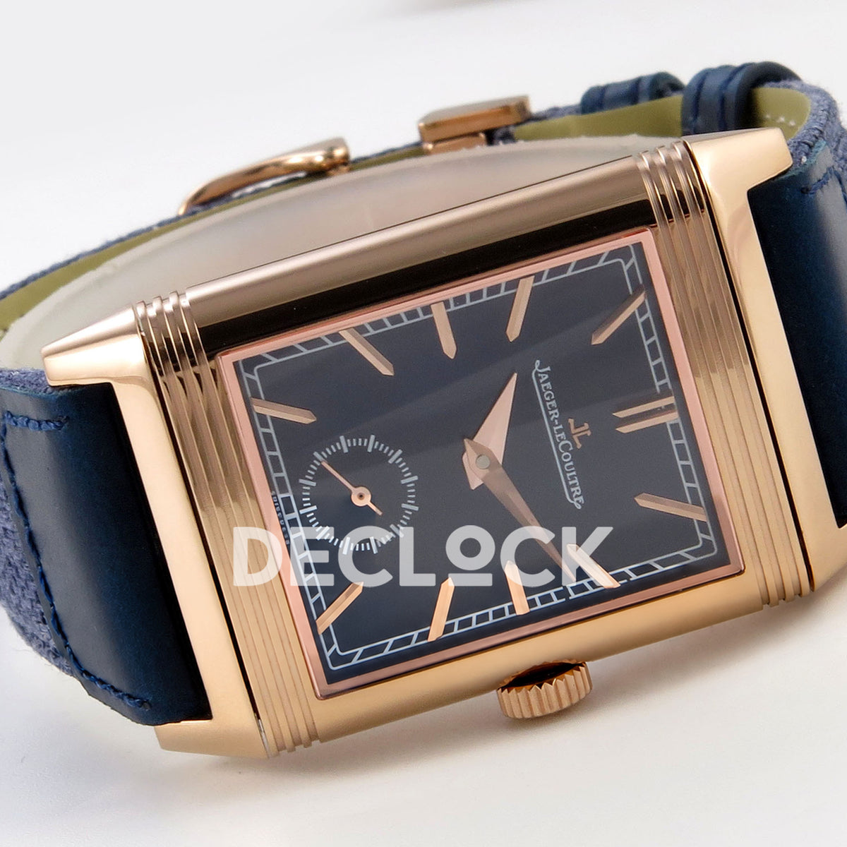 Jaeger-LeCoultre Reverso Tribute JJF deep navy blue rose-gold replica - angled horizontal view