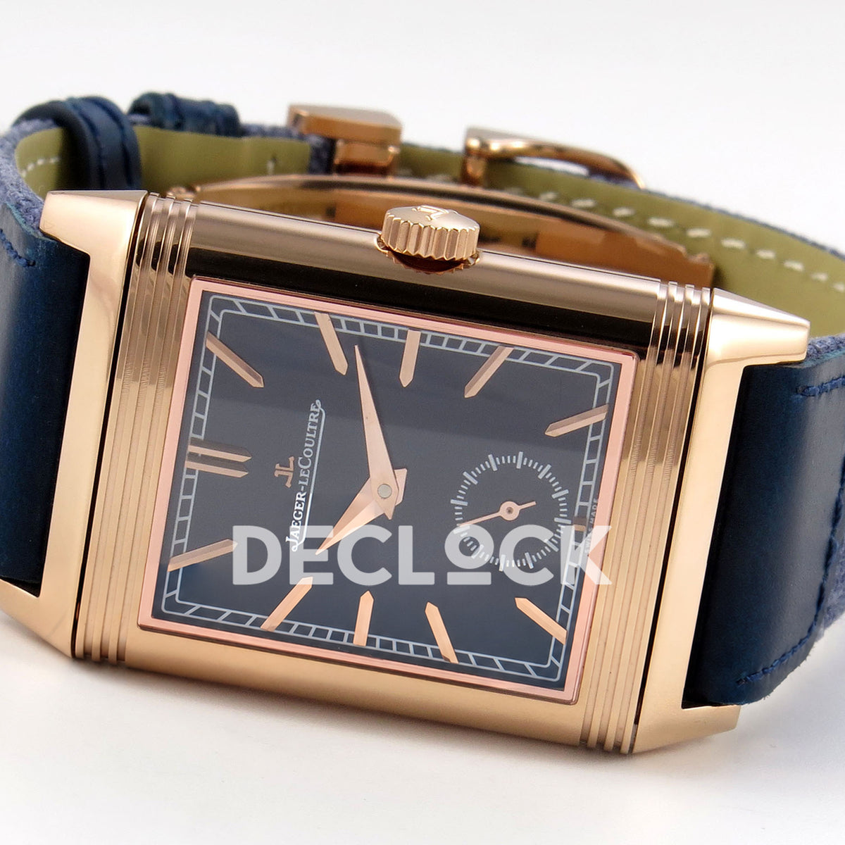 Jaeger-LeCoultre Reverso Tribute JJF deep navy blue rose-gold replica - opposite angled horizontal view