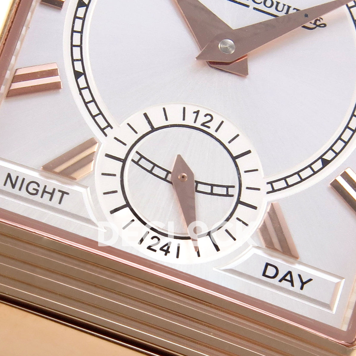 Jaeger-LeCoultre Reverso Tribute JJF deep navy blue rose-gold replica - reverse day night detail view