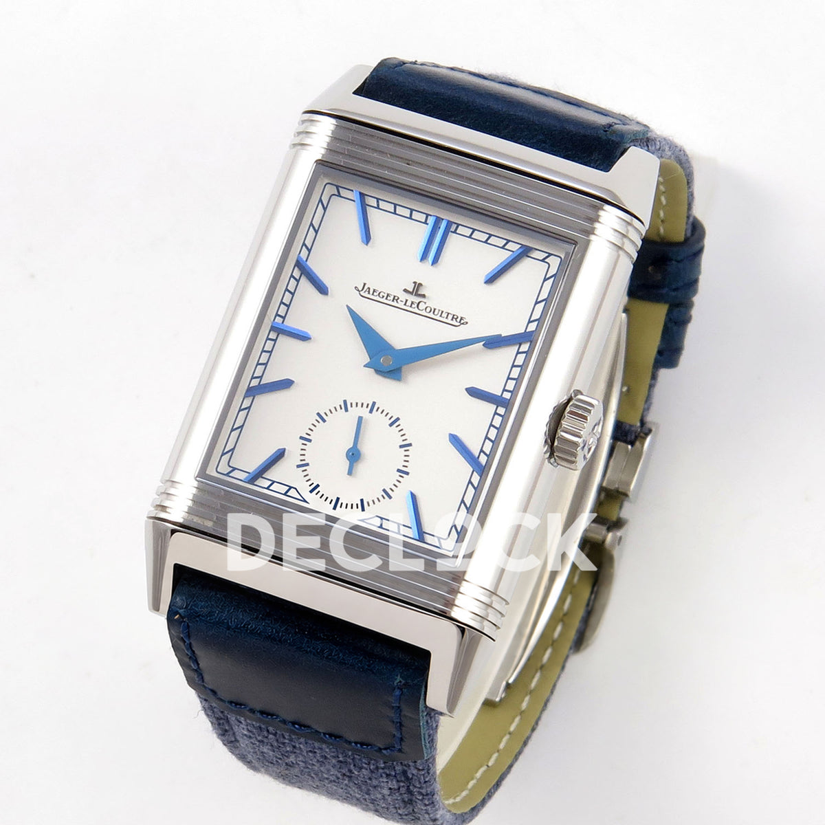 Jaeger-LeCoultre Reverso JJF silver-white dial blue hands replica - angled front view