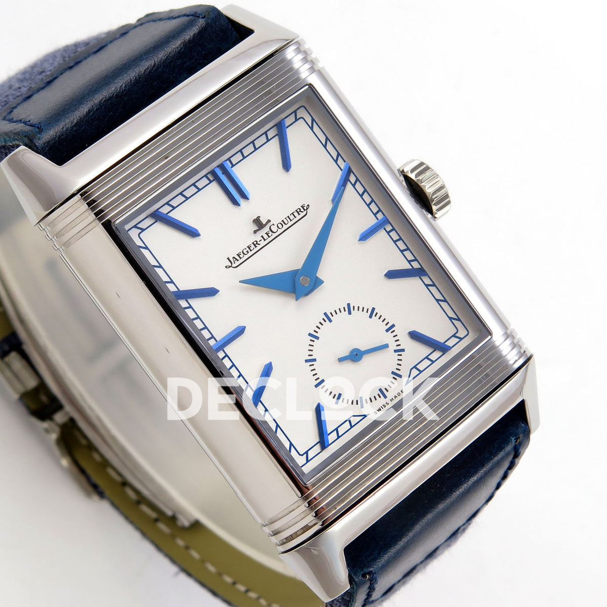 Jaeger-LeCoultre Reverso JJF silver-white dial blue hands replica - angled dial view