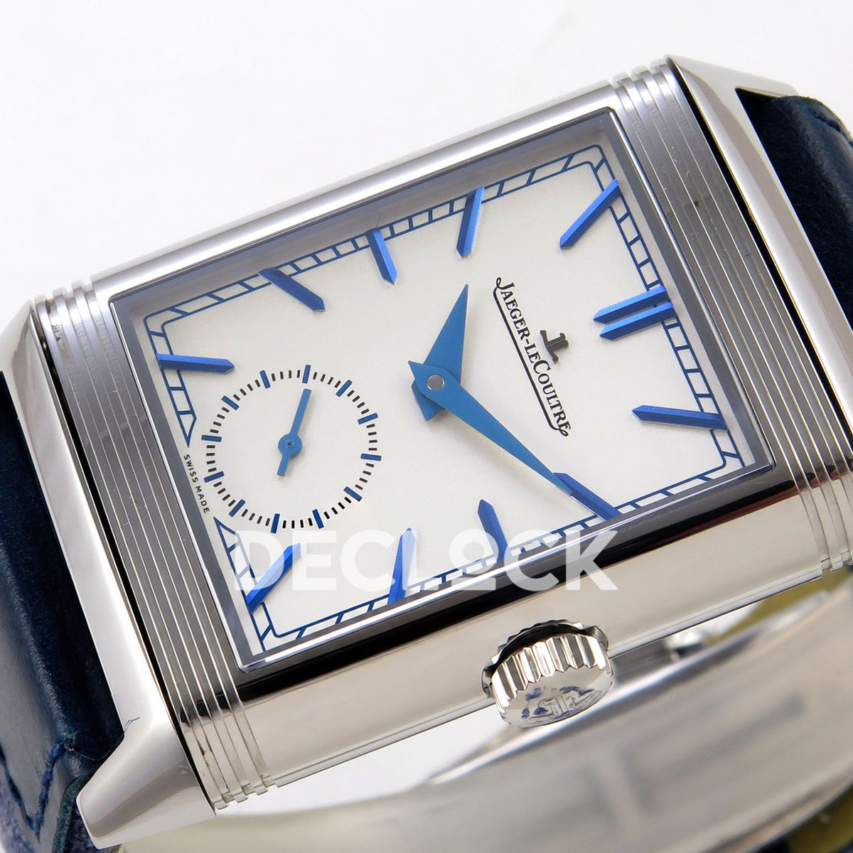 Jaeger-LeCoultre Reverso JJF silver-white dial blue hands replica - horizontal dial view