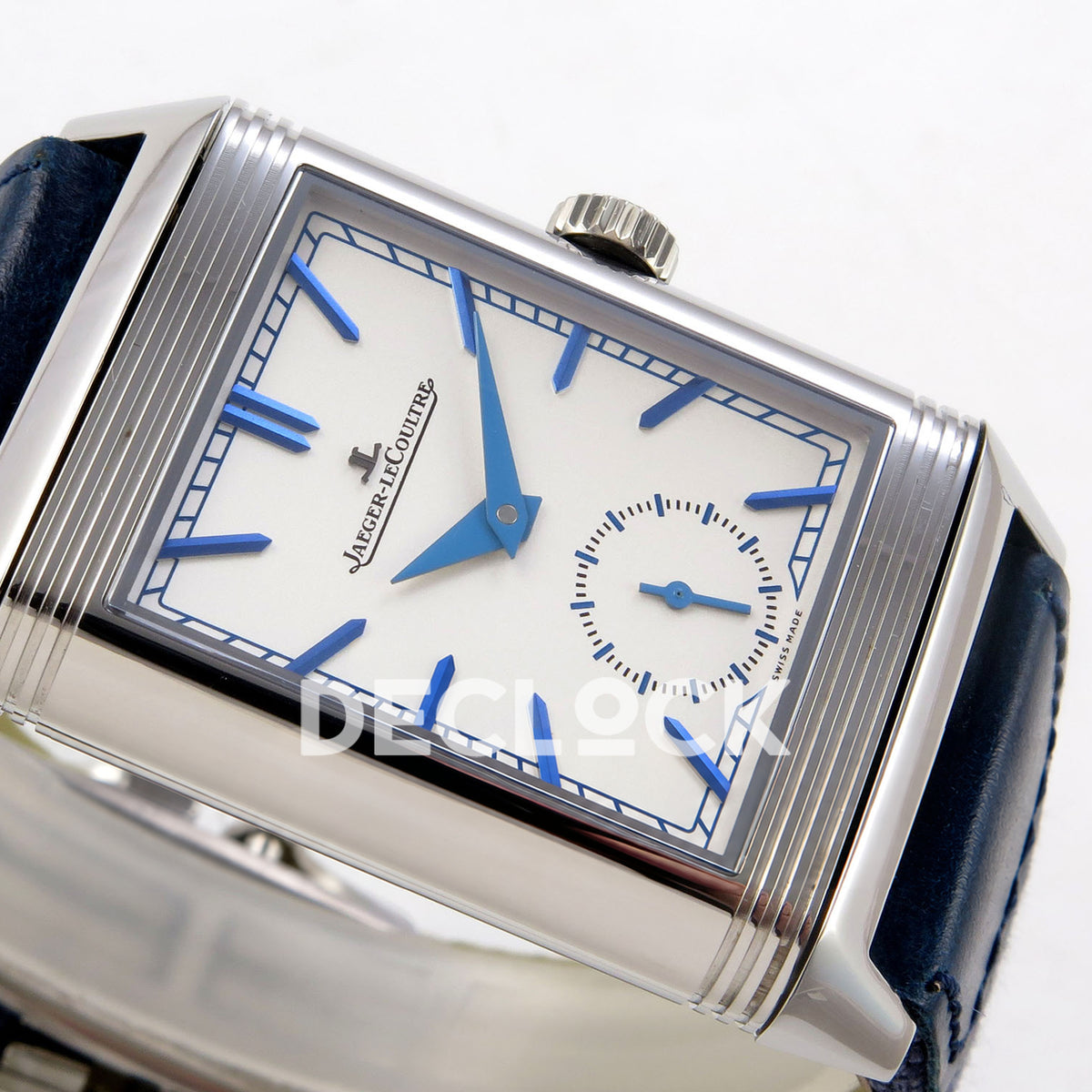 Jaeger-LeCoultre Reverso JJF silver-white dial blue hands replica - opposite horizontal dial view