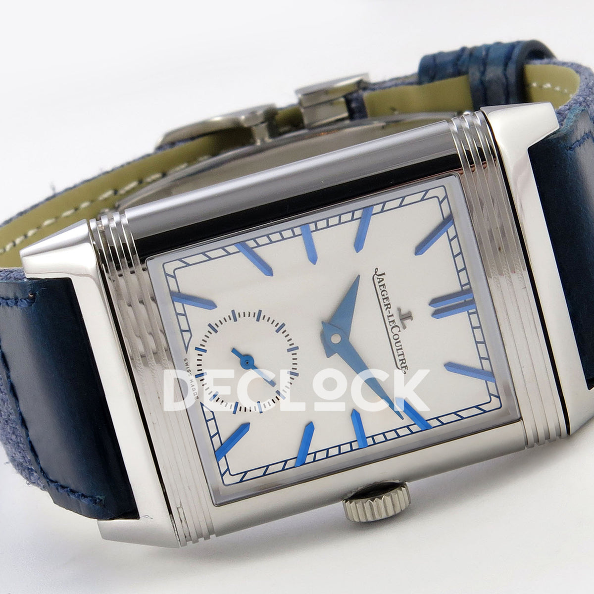 Jaeger-LeCoultre Reverso JJF silver-white dial blue hands replica - angled horizontal view