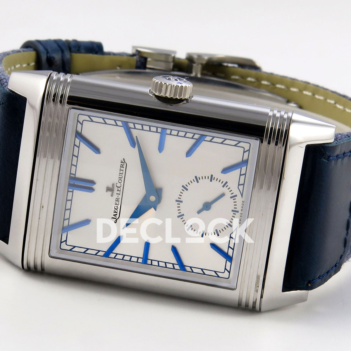 Jaeger-LeCoultre Reverso JJF silver-white dial blue hands replica - opposite angled horizontal view