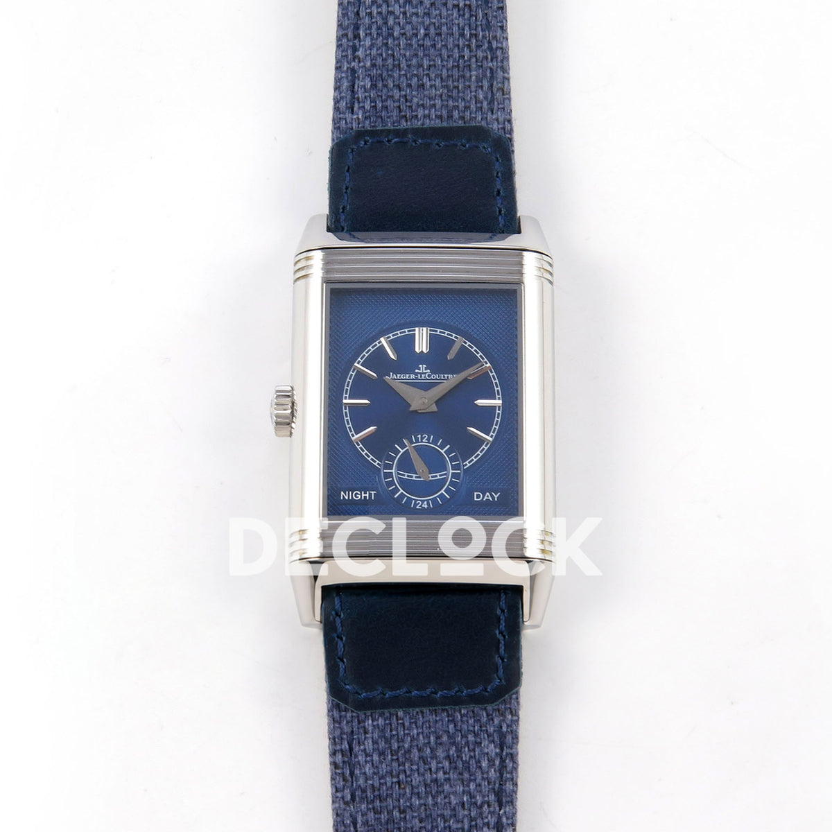 Jaeger-LeCoultre Reverso JJF silver-white dial blue hands replica - reverse front view