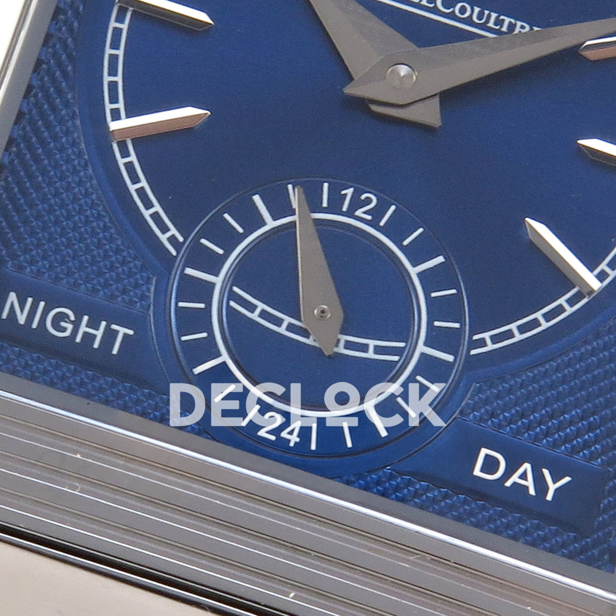Jaeger-LeCoultre Reverso JJF silver-white dial blue hands replica - reverse day night detail view