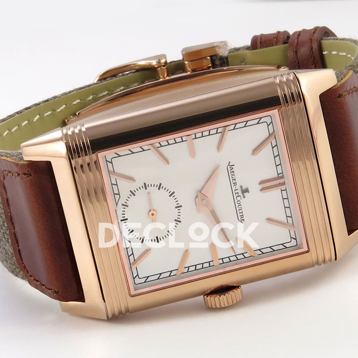 Jaeger-LeCoultre Reverso Tribute JJF white rose-gold replica - angled horizontal view