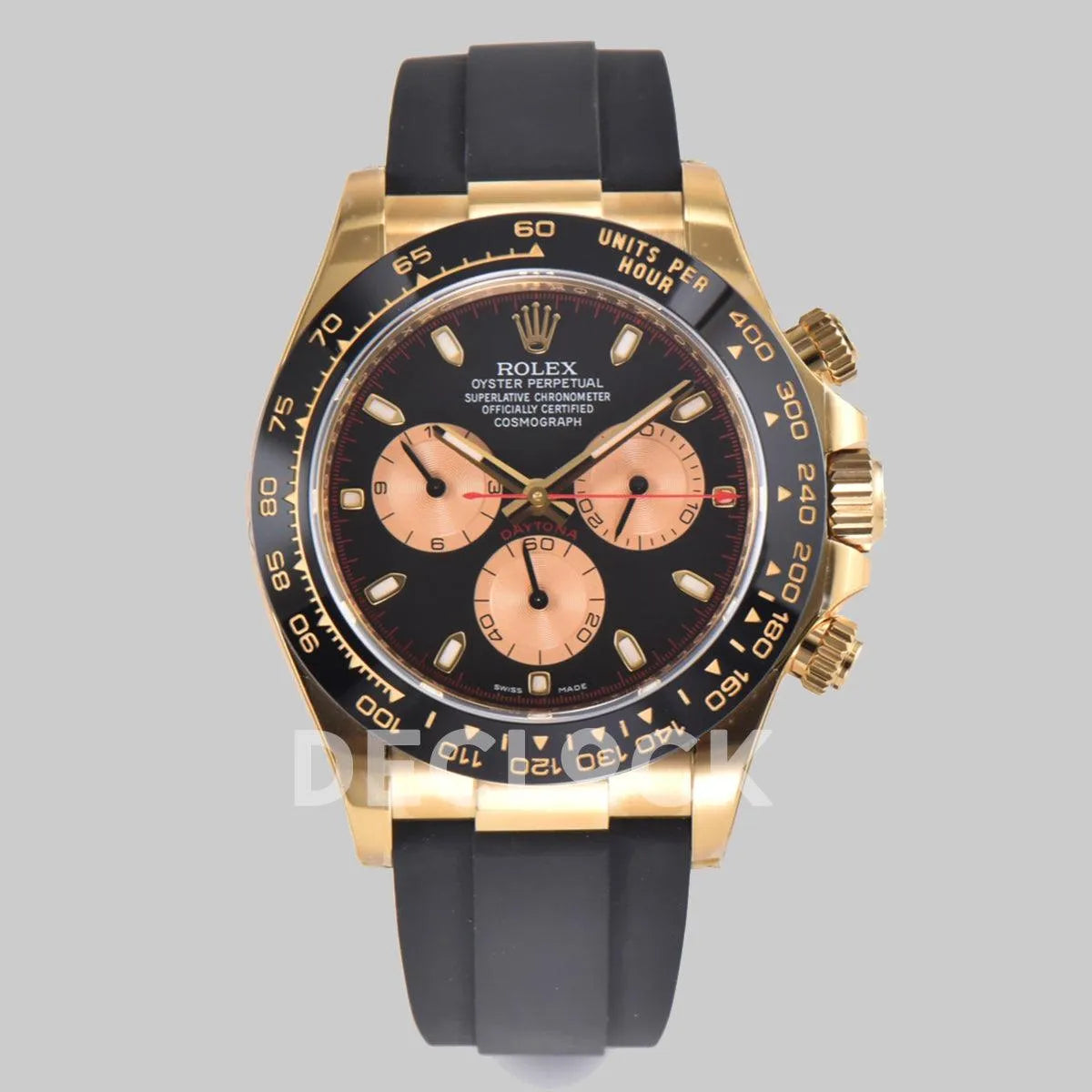 Replica Rolex Daytona 116518LN Black/Champagne Index “Newman” Dial in Yellow Gold on Rubber Strap