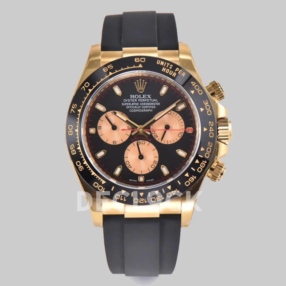 Replica Rolex Daytona 116518LN Black/Champagne Index “Newman” Dial in Yellow Gold on Rubber Strap |  Declock.