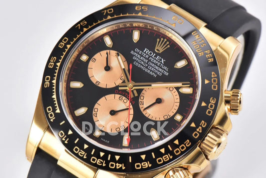 Replica Rolex Daytona 116518LN Black/Champagne Index “Newman” Dial in Yellow Gold on Rubber Strap | Declock.