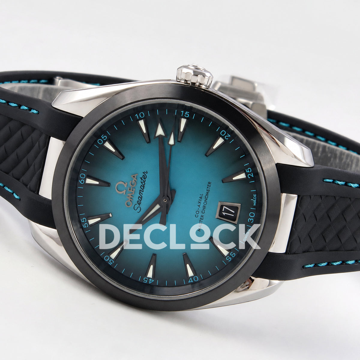 Omega Aqua Terra 38mm VSF turquoise ombre dial - strap angle