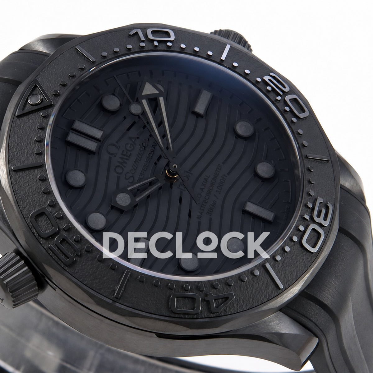 Omega Seamaster Diver 300M ORF Black Black ceramic DLC rubber 8806 Free Sprung — angled dial detail