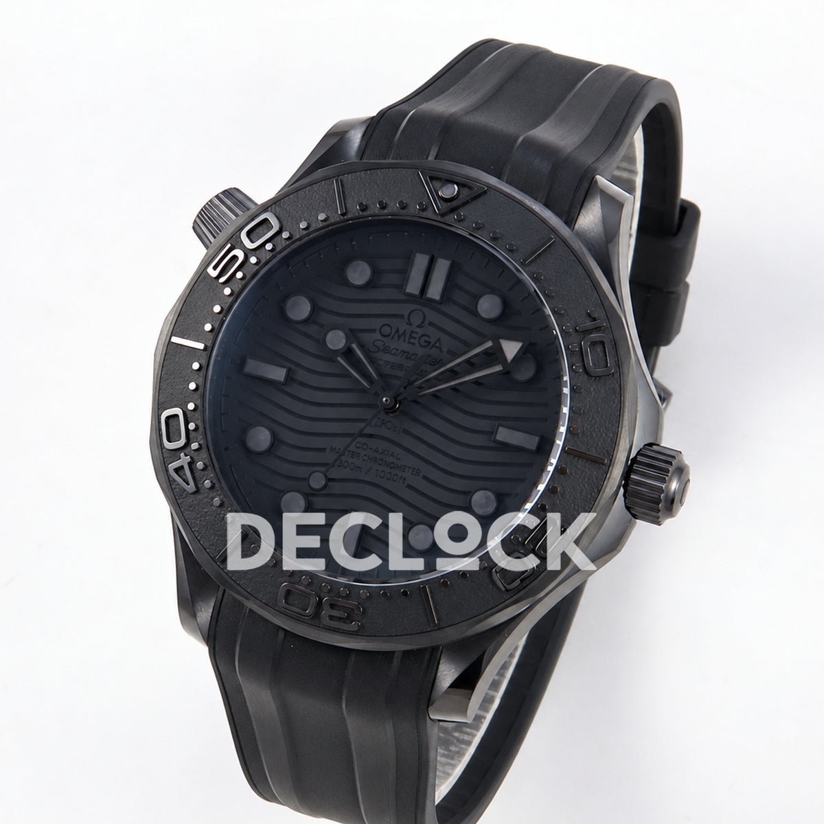 Omega Seamaster Diver 300M ORF Black Black ceramic DLC rubber 8806 Free Sprung — angled dial view