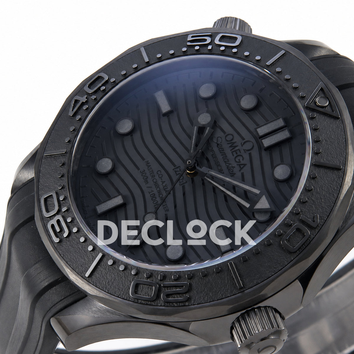 Omega Seamaster Diver 300M ORF Black Black ceramic DLC rubber 8806 Free Sprung — crown side dial view