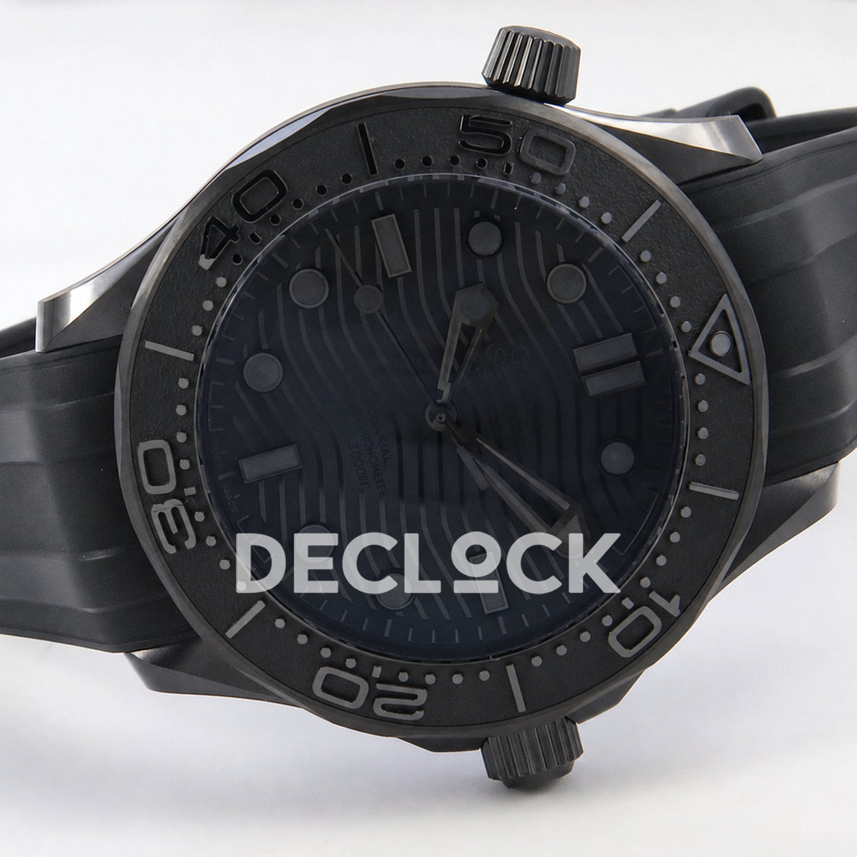 Omega Seamaster Diver 300M ORF Black Black ceramic DLC rubber 8806 Free Sprung — full watch angled view