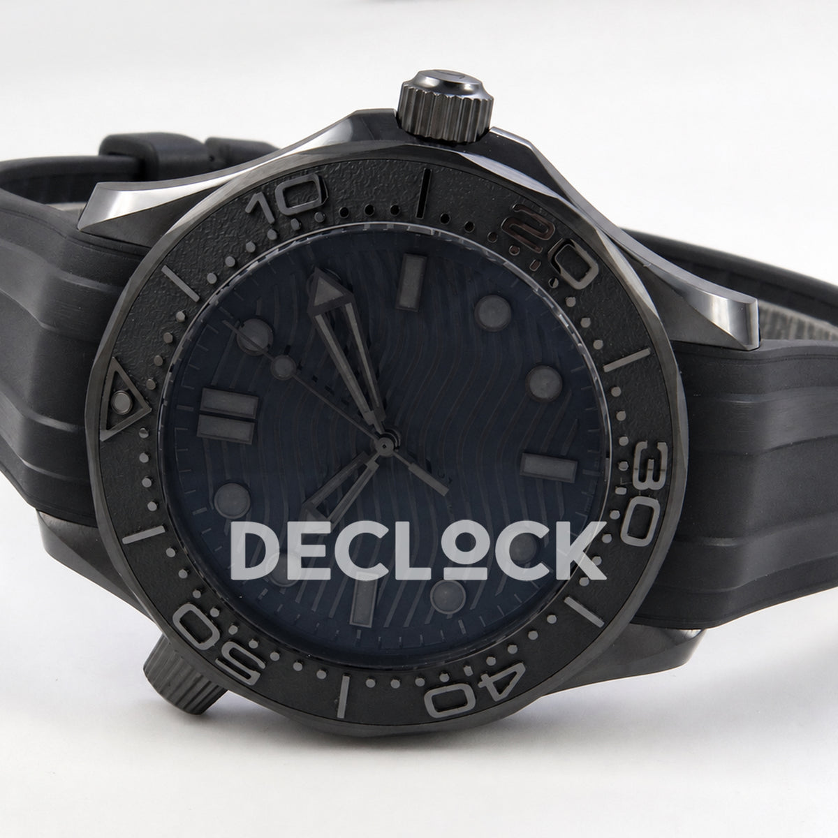 Omega Seamaster Diver 300M ORF Black Black ceramic DLC rubber 8806 Free Sprung — full watch side angle