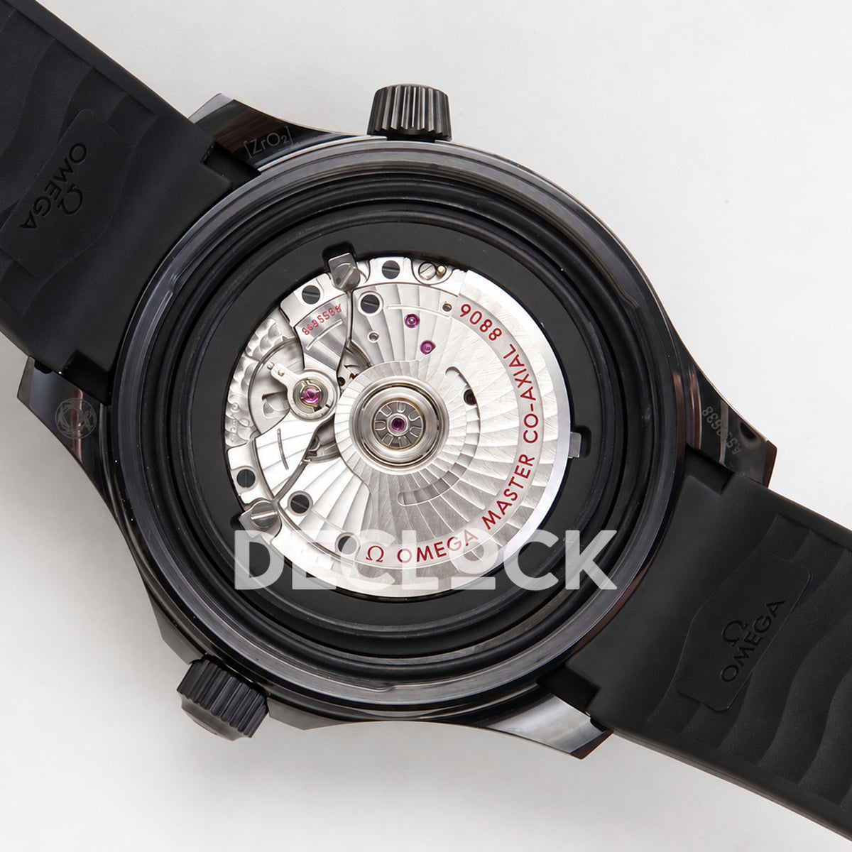 Omega Seamaster Diver 300M ORF Black Black ceramic DLC rubber 8806 Free Sprung — open caseback rotor view
