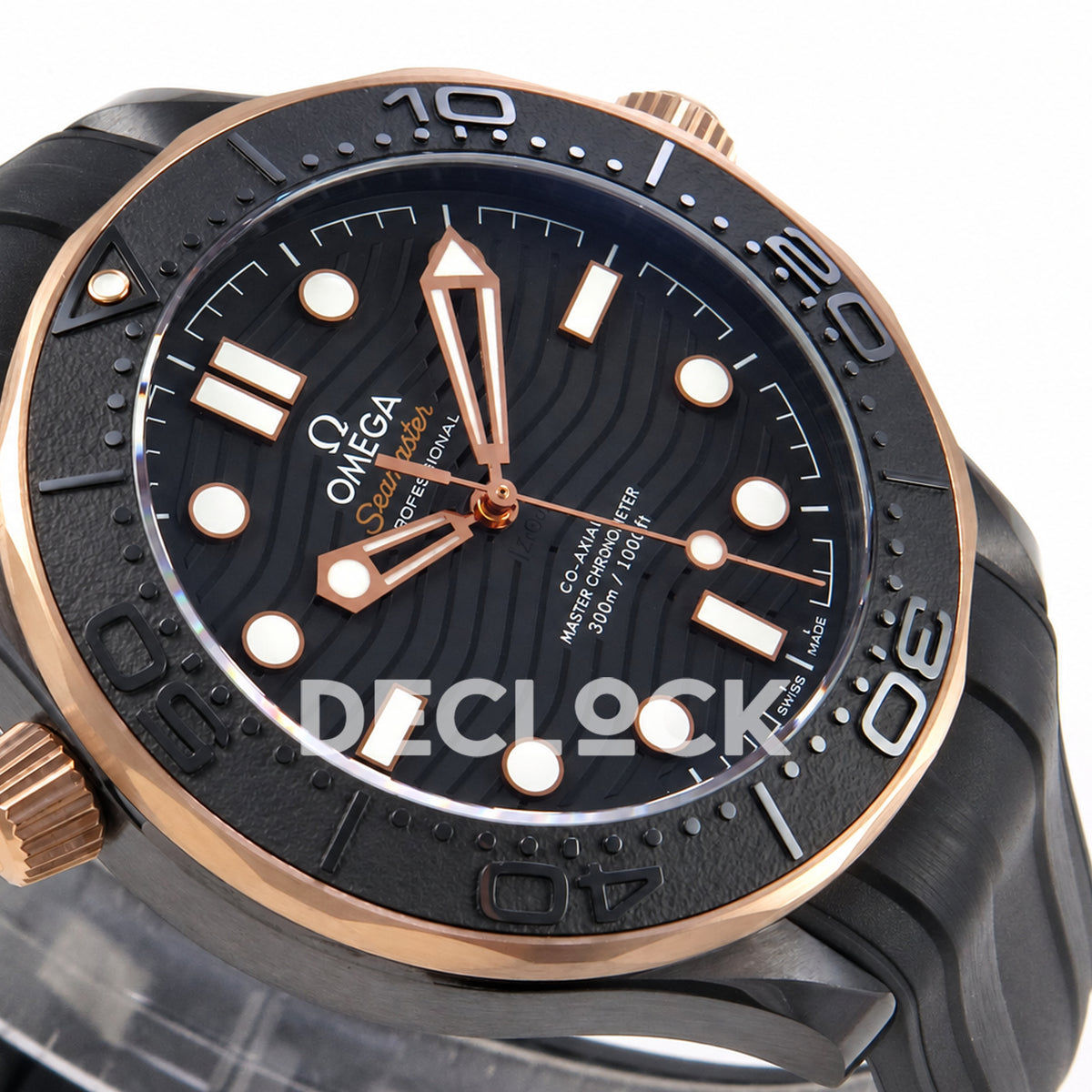 Omega Seamaster Diver 300M ORF black ceramic rose gold tone rubber 8806 Free Sprung — angled dial detail