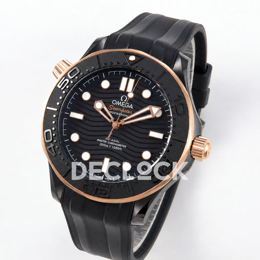 Omega Seamaster Diver 300M ORF black ceramic rose gold tone rubber 8806 Free Sprung — angled dial view