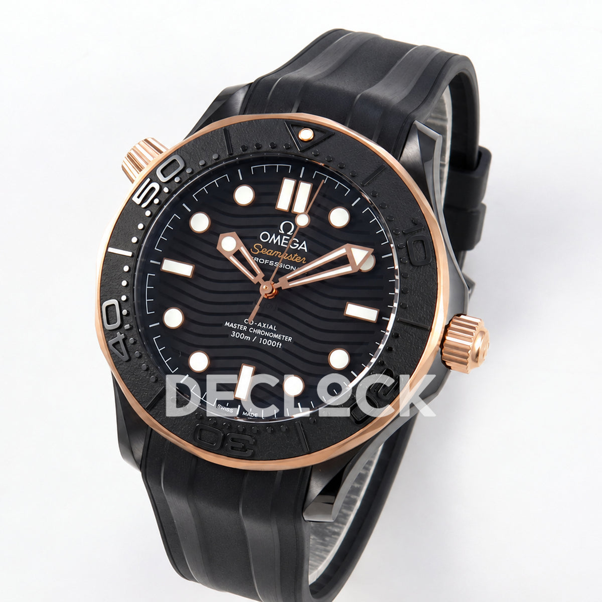 Omega Seamaster Diver 300M ORF black ceramic rose gold tone rubber 8806 Free Sprung — angled dial view